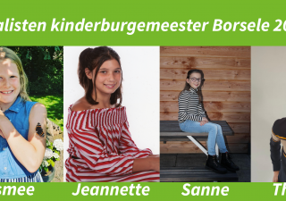 Op de foto staan van links naar rechts 4 finalisten voor de kinderburgemeesterverkiezing: esmee, jeannette, sanne en thomas. boven de foto's staat finalisten kinderburgemeester Borsele 2022