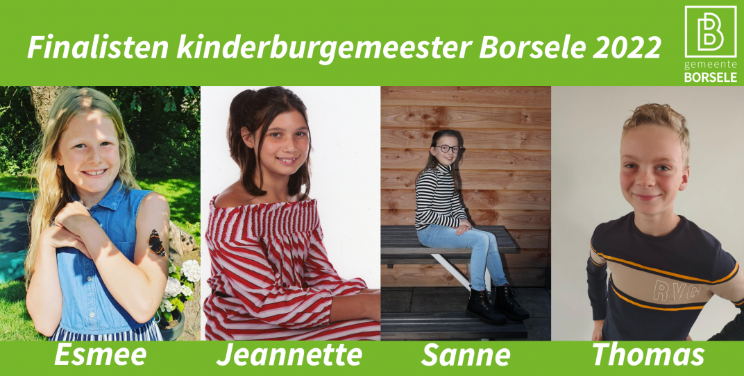 Op de foto staan van links naar rechts 4 finalisten voor de kinderburgemeesterverkiezing: esmee, jeannette, sanne en thomas. boven de foto's staat finalisten kinderburgemeester Borsele 2022