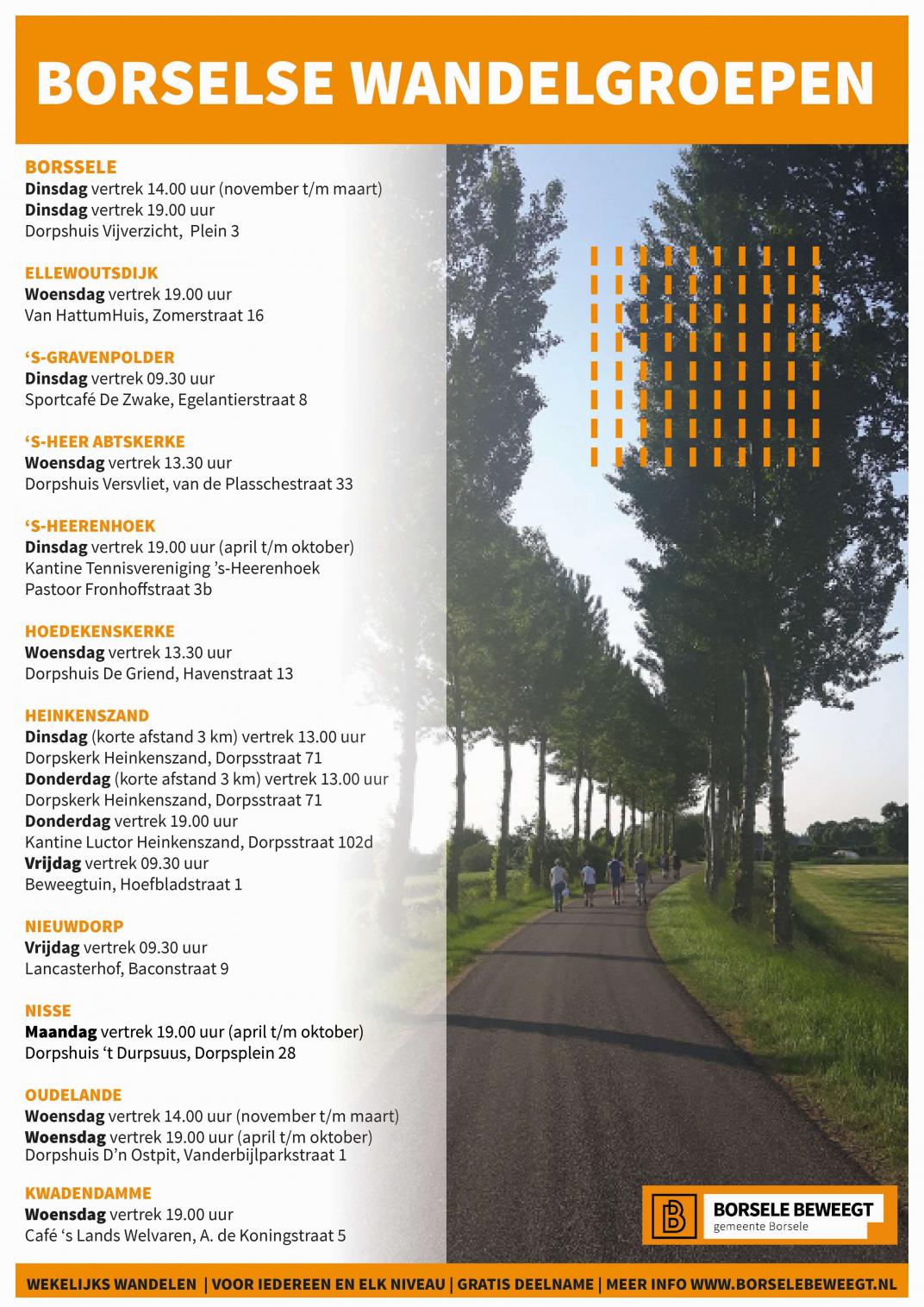 Poster met de tijden en locaties van de wandelgroepen in Borsele
