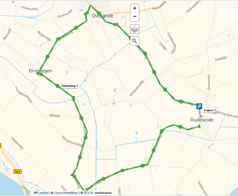 Schermafbeelding van een kaart met daarop omleidingsroute
